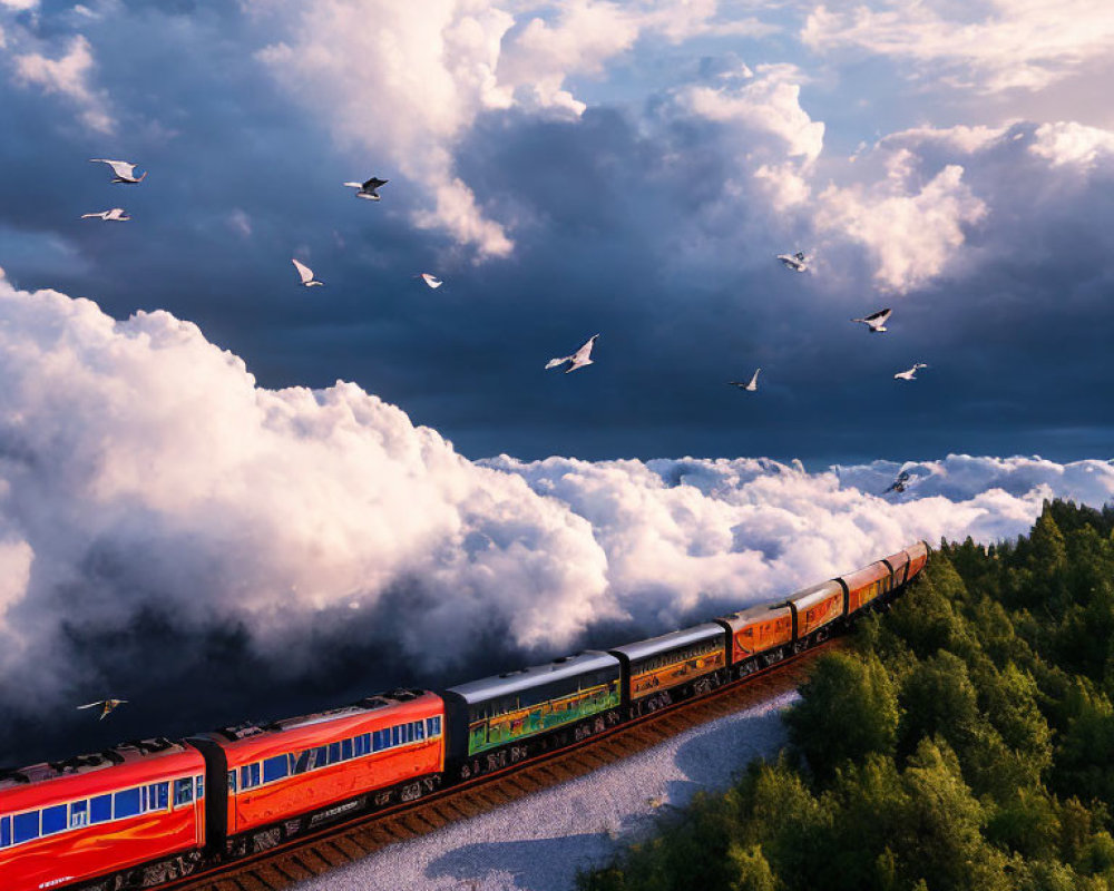 Red train winding through forest under dramatic sky with flying birds