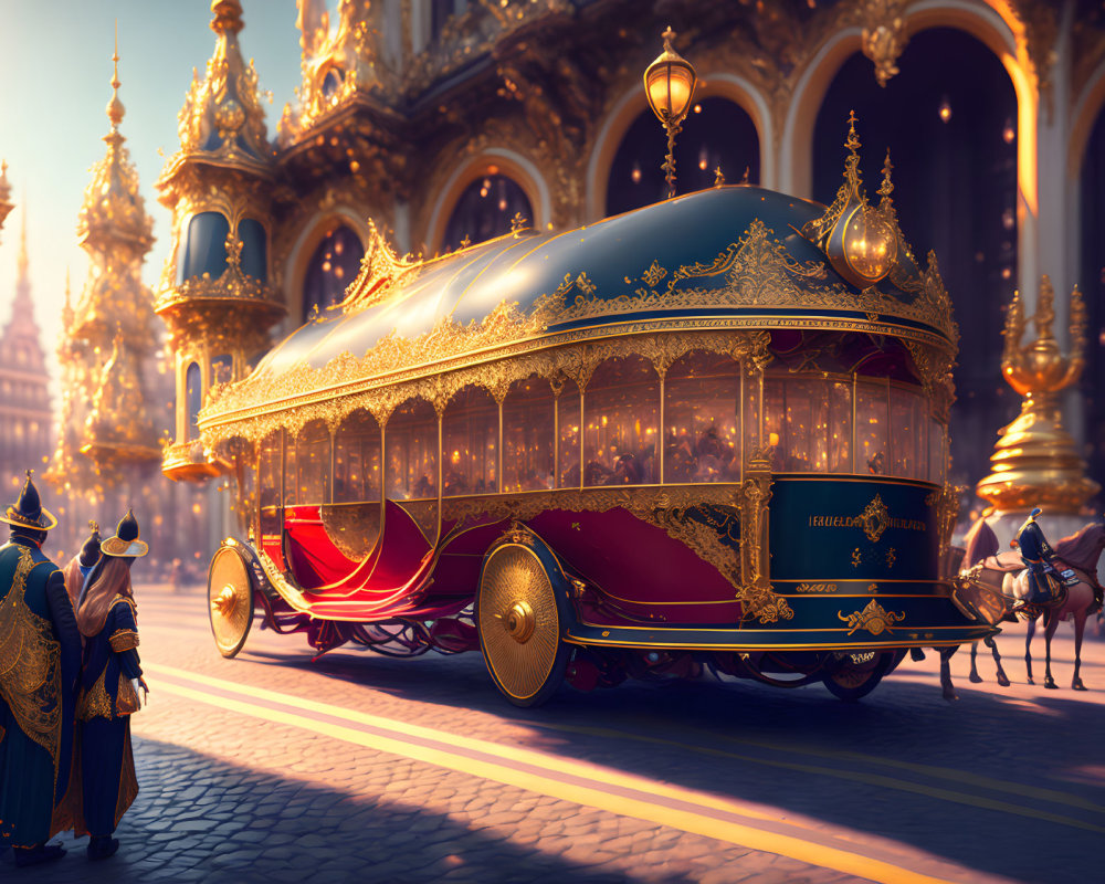 Golden-trimmed red carriage surrounded by ornate architecture and onlookers