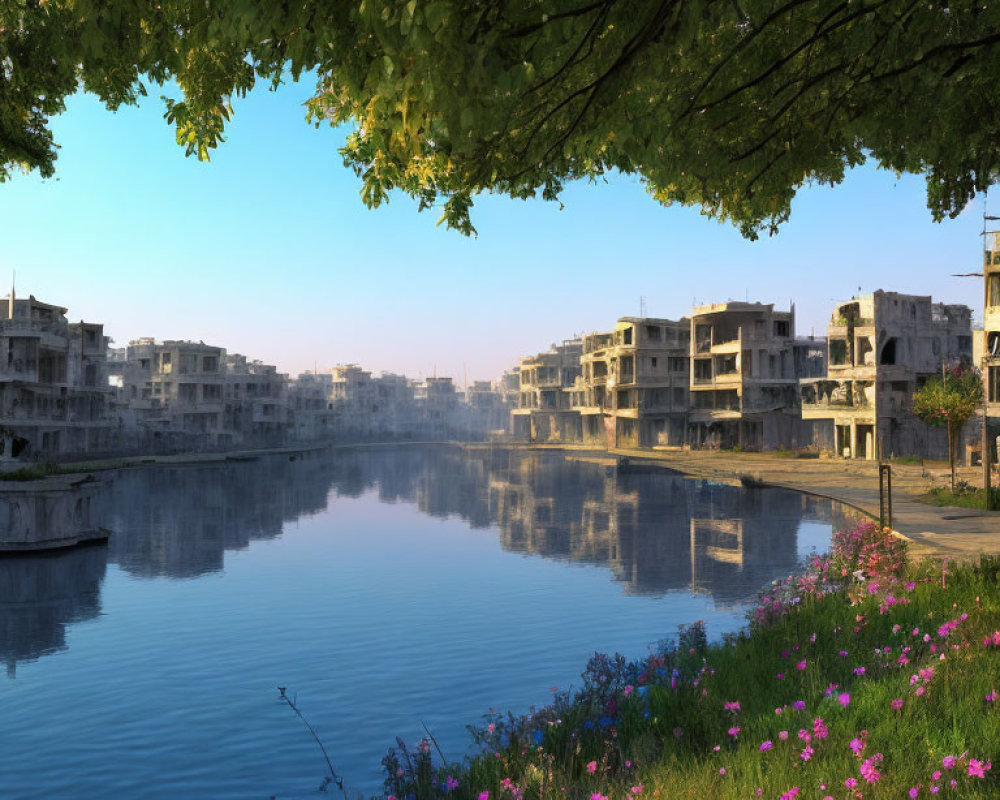 Abandoned buildings reflected in tranquil river with blossoming tree branch