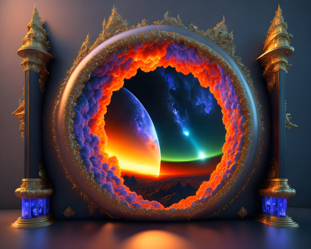 Circular Baroque Frame with Pillars Opens to Cosmic Scene