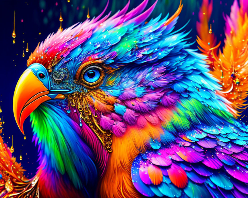 Colorful digital art: Bird with rainbow plumage & golden headpiece