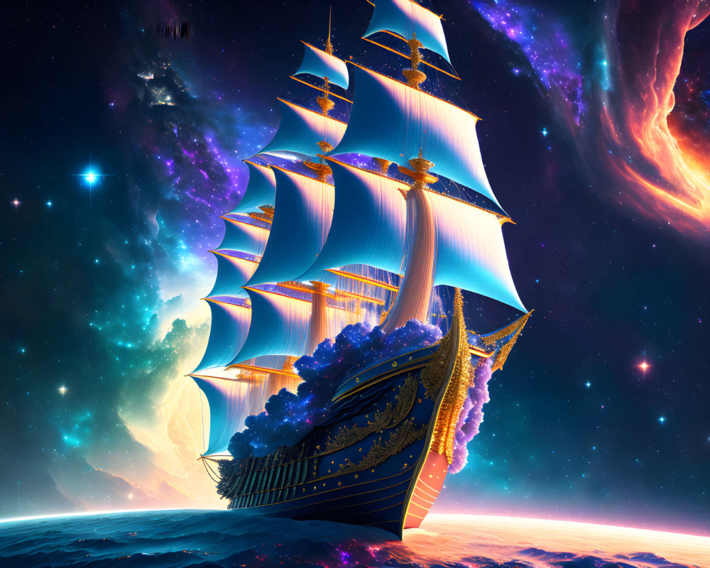 Sailing ship with billowing sails in vibrant cosmic seascape