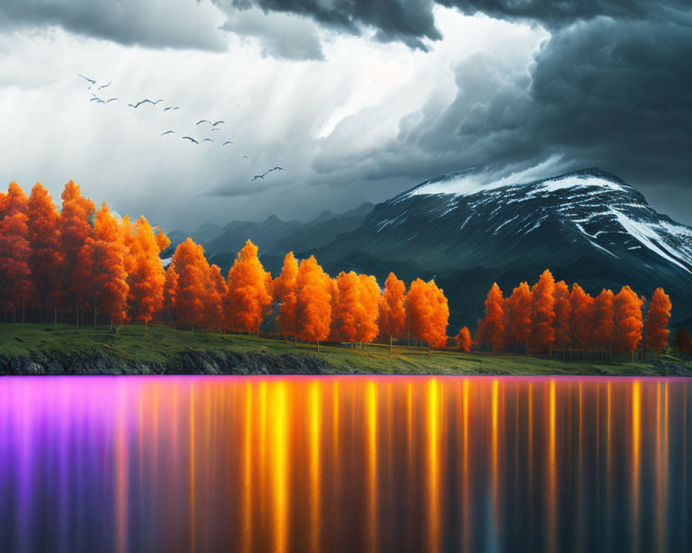 Vivid landscape with orange trees, stormy skies, dark mountains, and reflective lake.