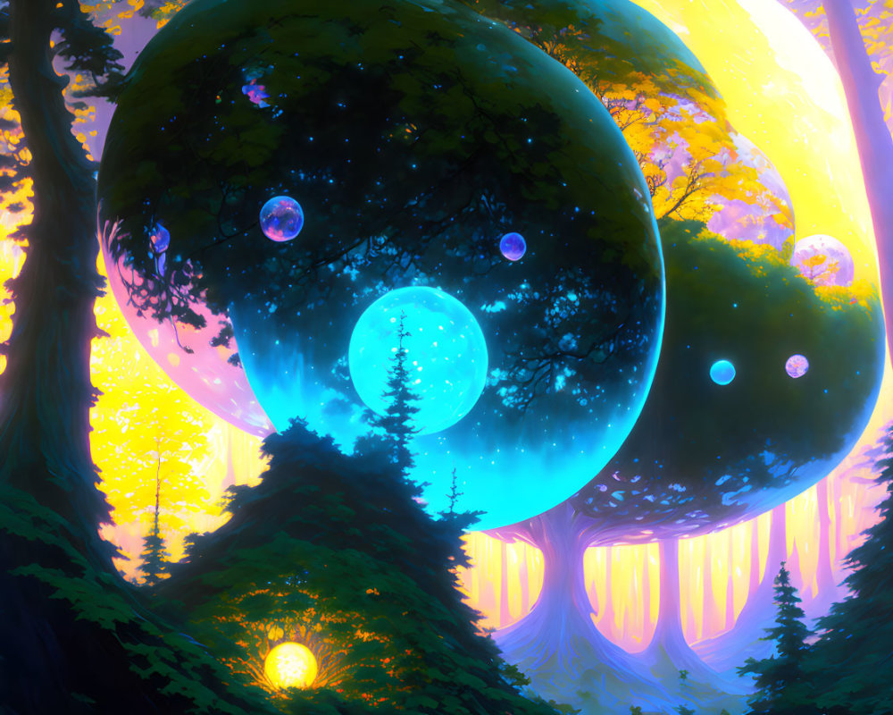 Luminous celestial bodies shine over diverse forest with glowing orbs