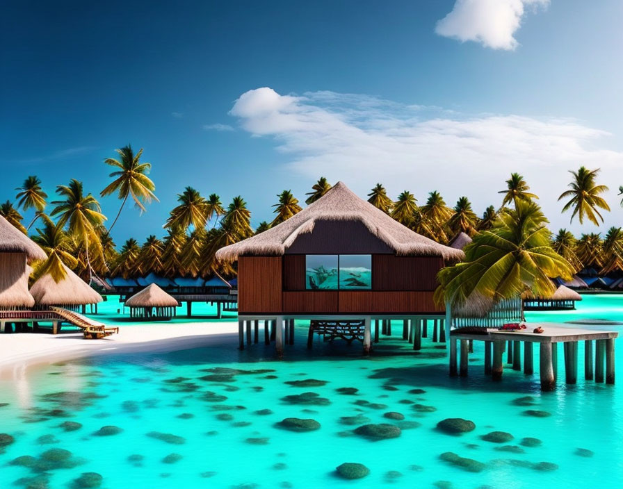 Tropical Thatched Roof Overwater Bungalows in Clear Turquoise Waters