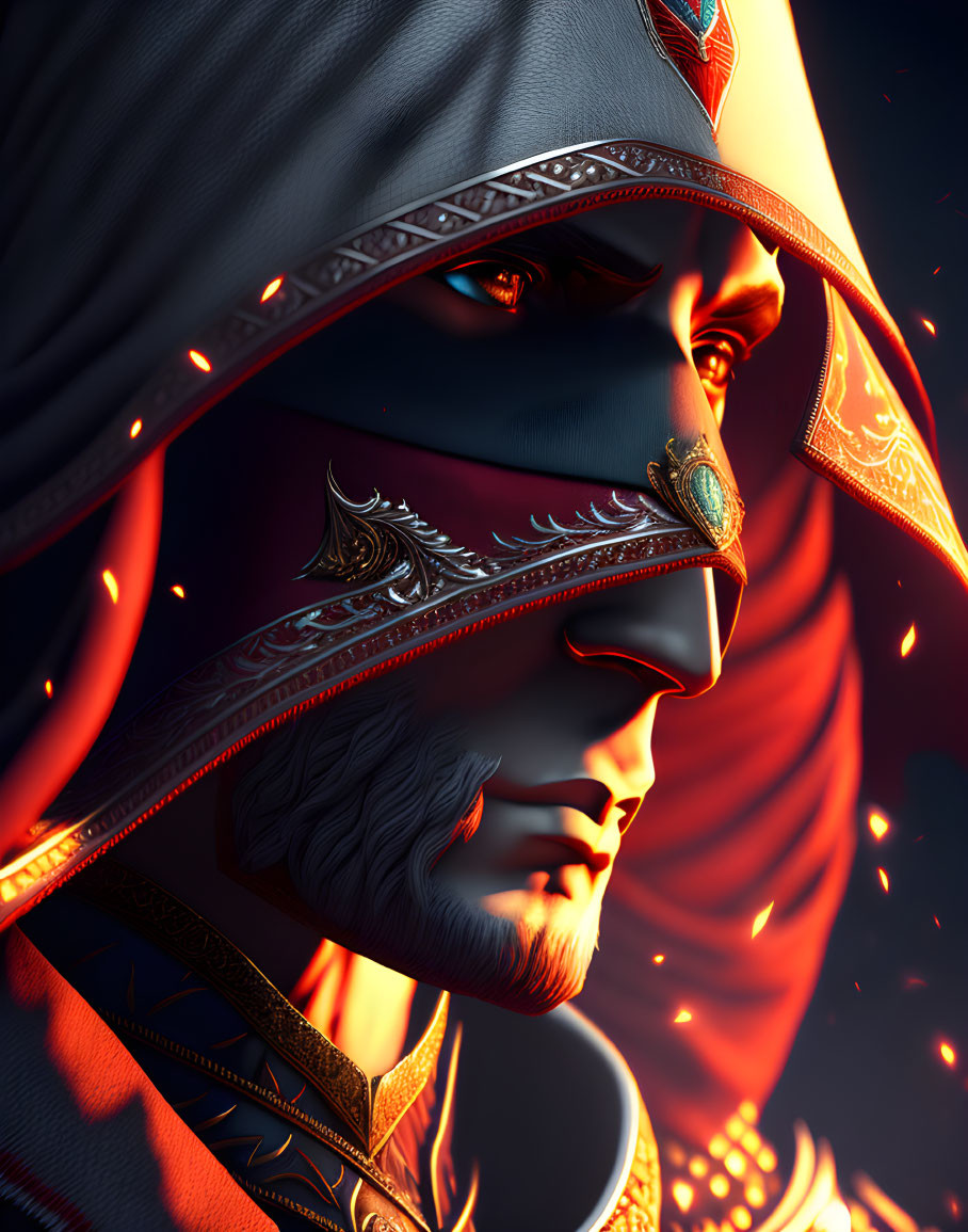 Detailed digital artwork: Mysterious figure with ornate helmet and masked visage in fiery backdrop