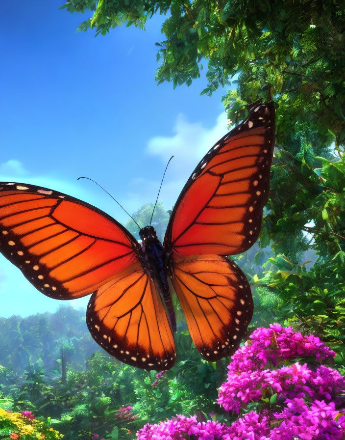 Colorful Monarch Butterfly on Purple Flower in Sunlit Forest
