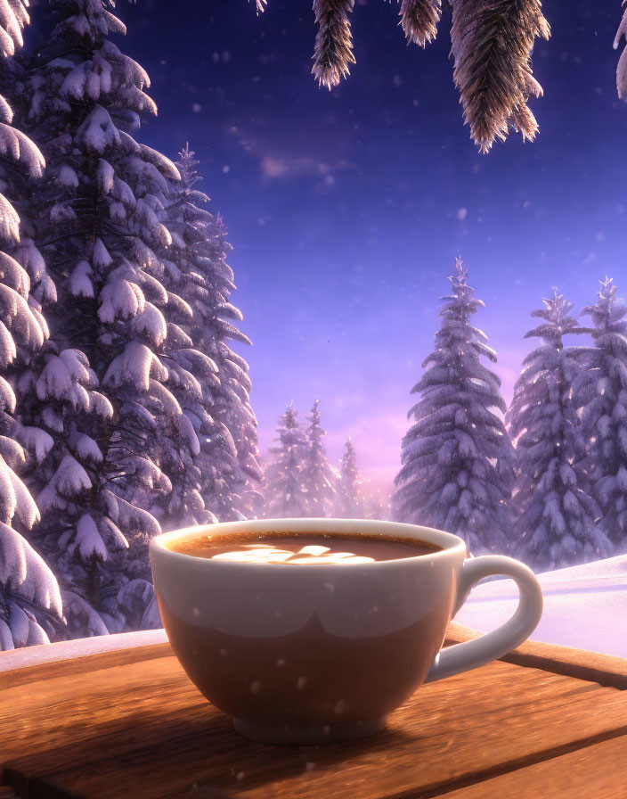 Steaming cup of coffee on wooden surface with snowy pine forest and purple sky.