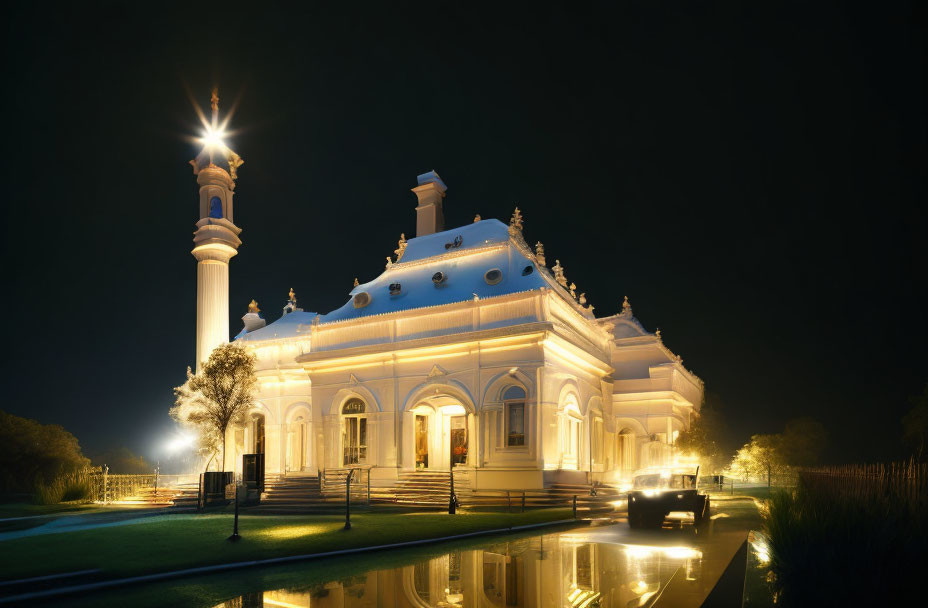 Nighttime view of white building with dome and minaret reflected in water.
