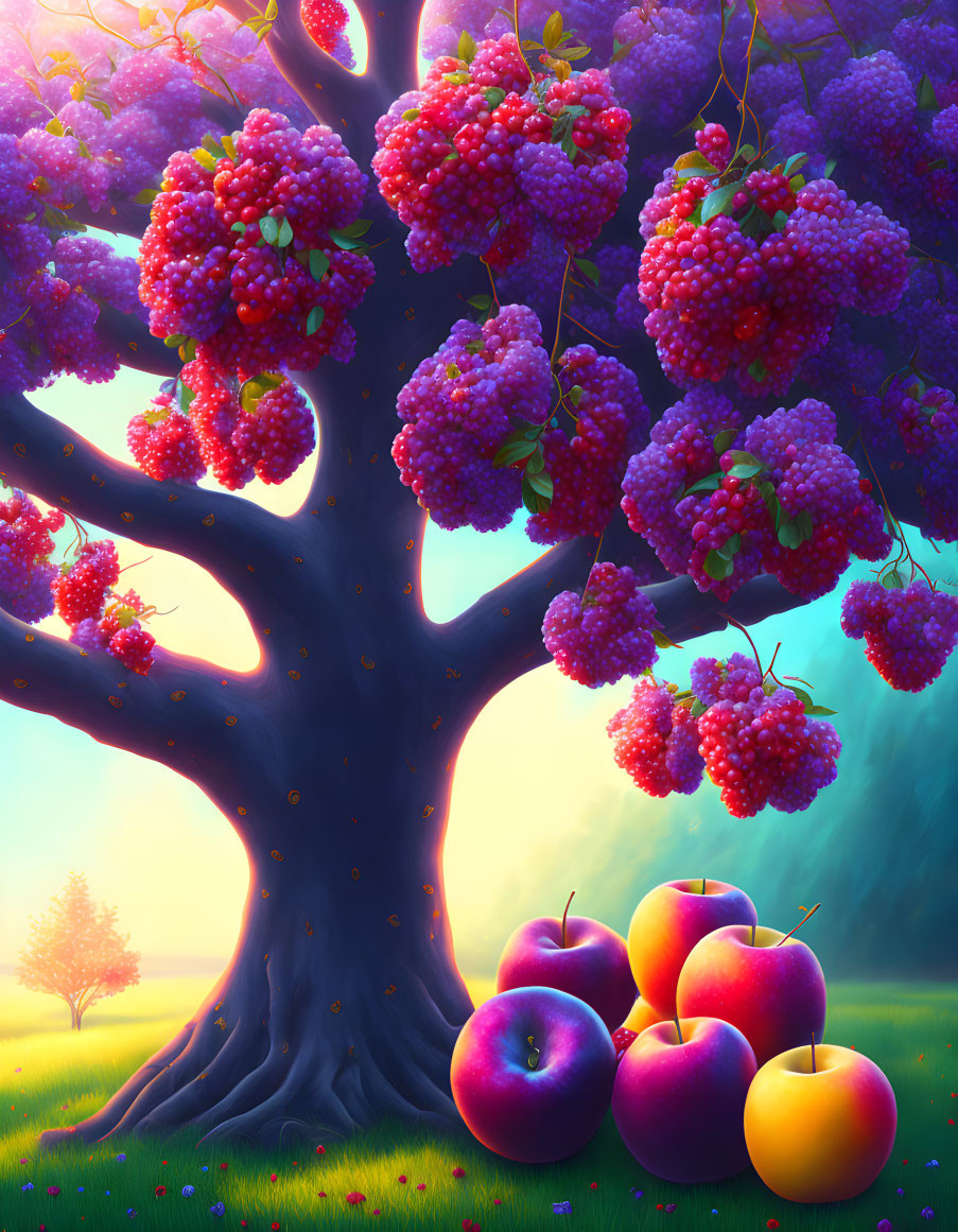 Colorful sunset landscape with vibrant tree and purple berries.