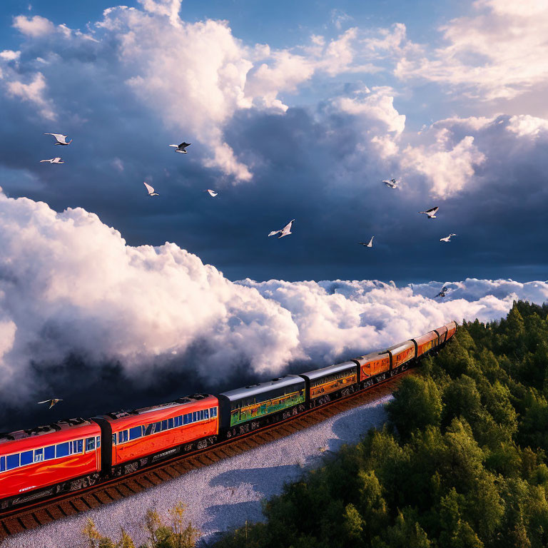 Red train winding through forest under dramatic sky with flying birds