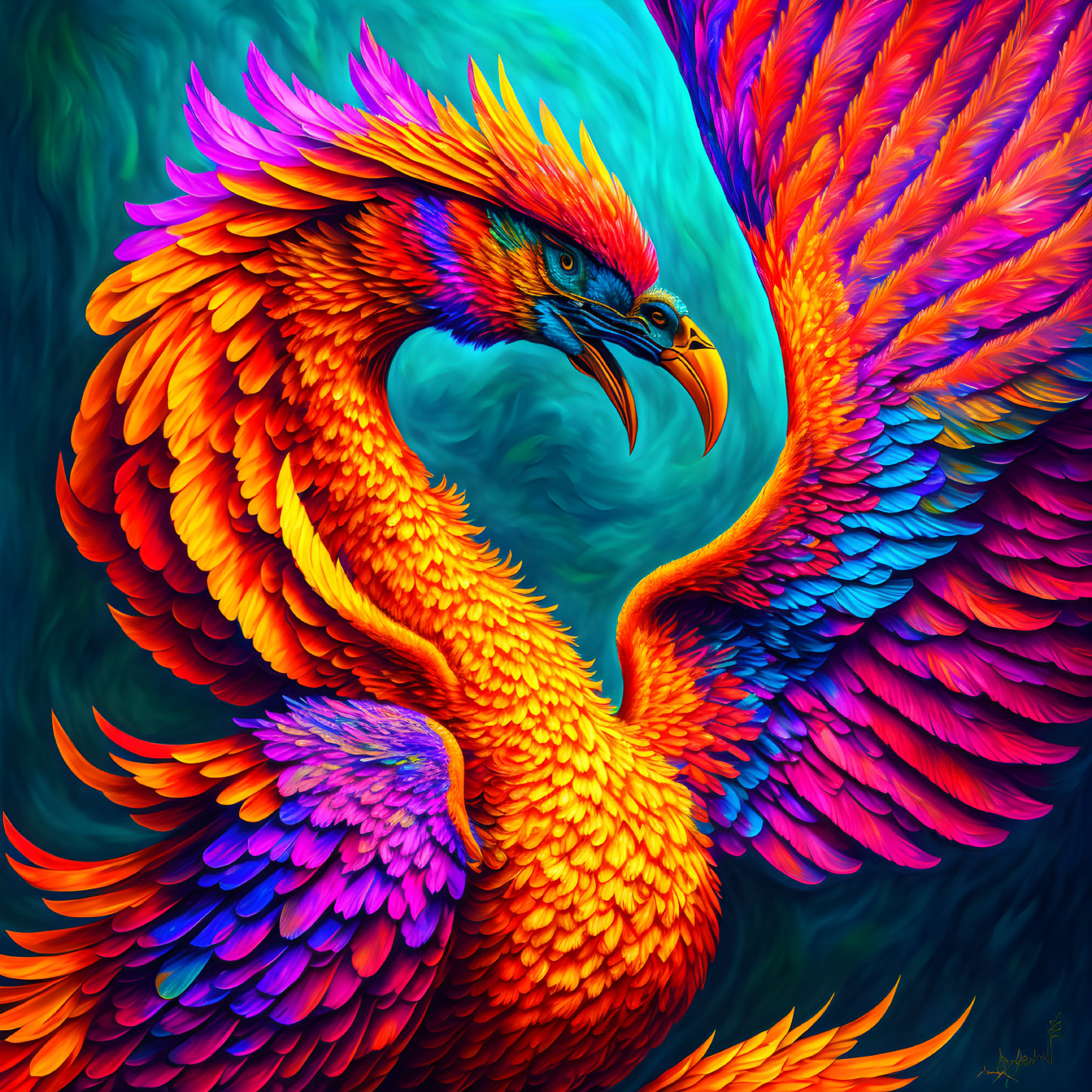 Mythical phoenix digital art with vibrant orange, blue, and violet plumage