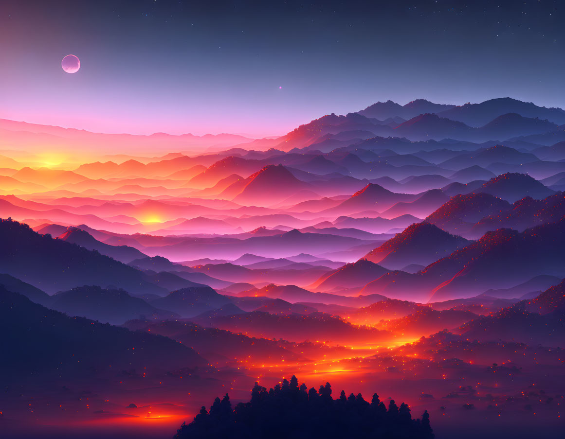 Surreal landscape digital art: twilight mountains, gradient sky, stars, crescent moon