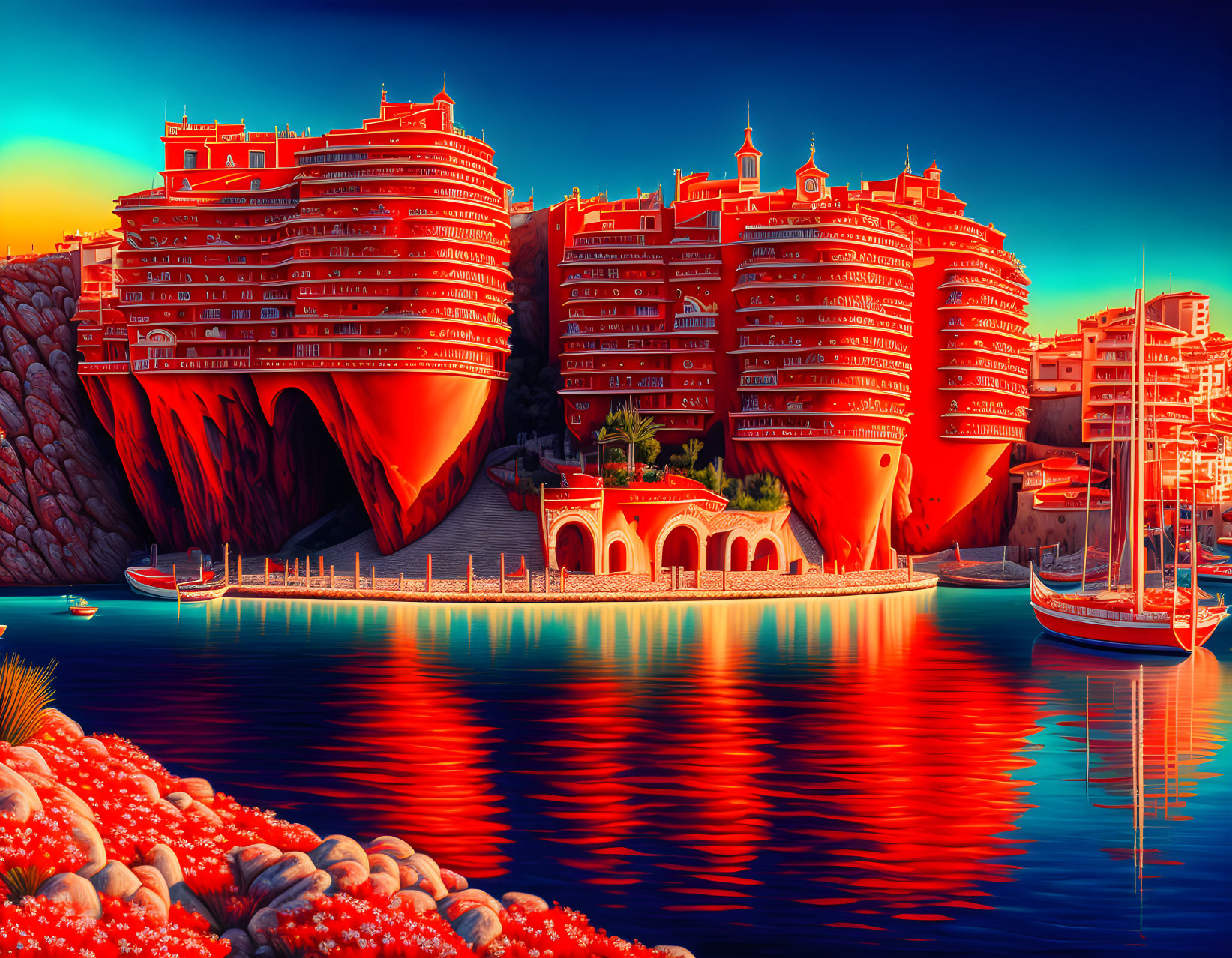 Futuristic red terraced buildings on coastal landscape with sailboat