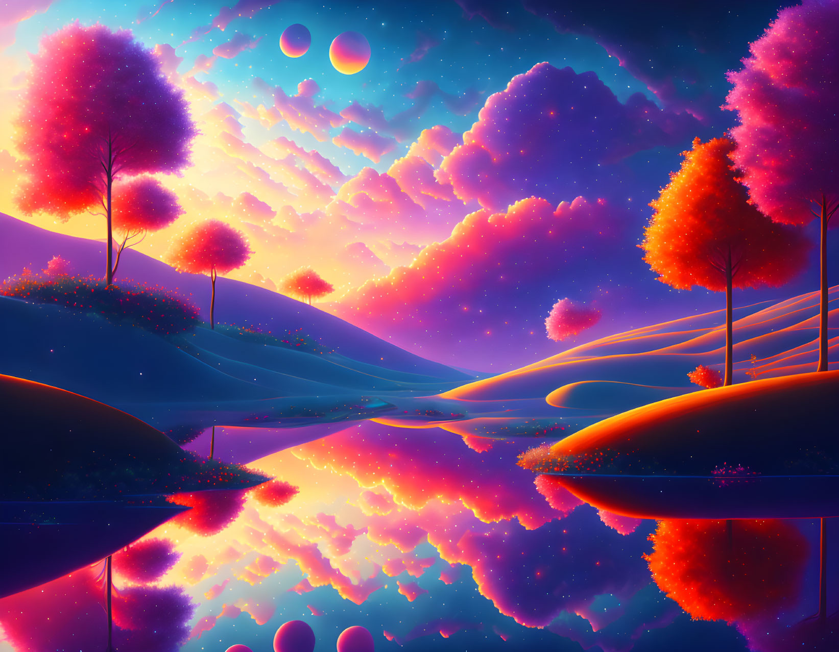 Fantasy landscape with mirrored trees under purple sky & moons