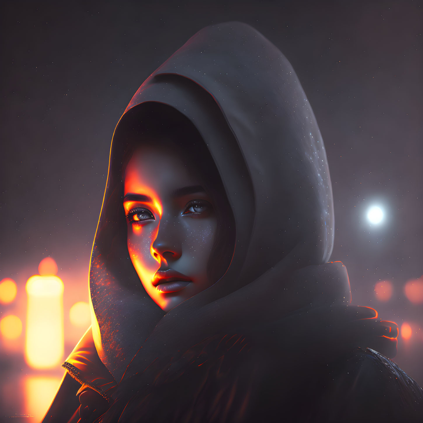 Intense gaze of woman in hooded cloak under warm and cool lighting