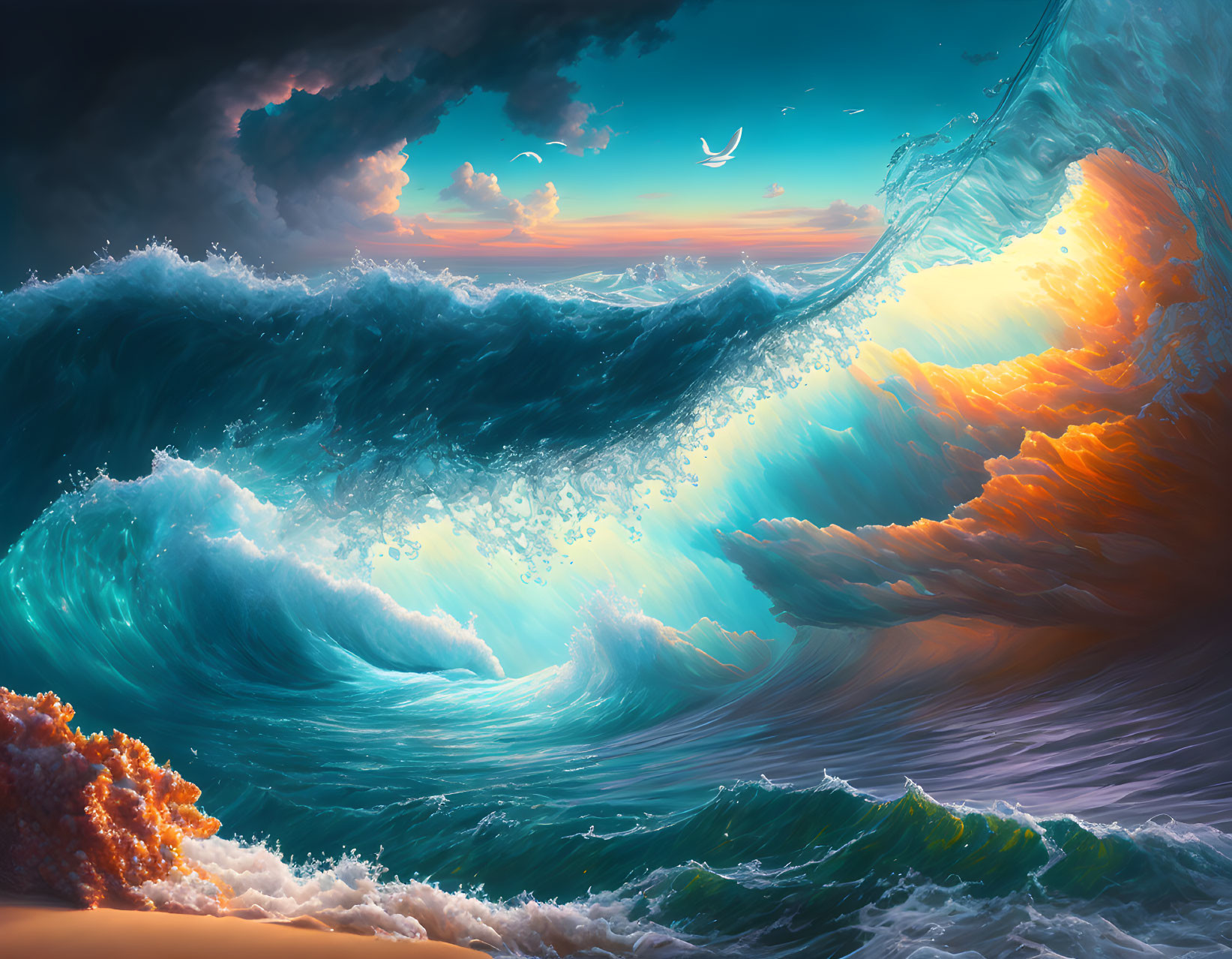 Digital Artwork: Vibrant Wave, Stormy Sky, Seagulls, Tranquil Beach