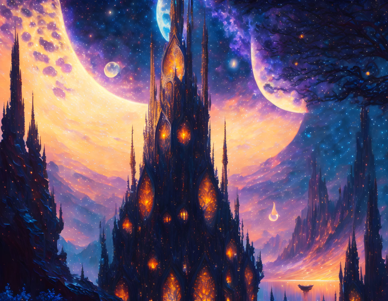 Fantasy landscape with towering castle, alien trees, and multiple moons in starry sky