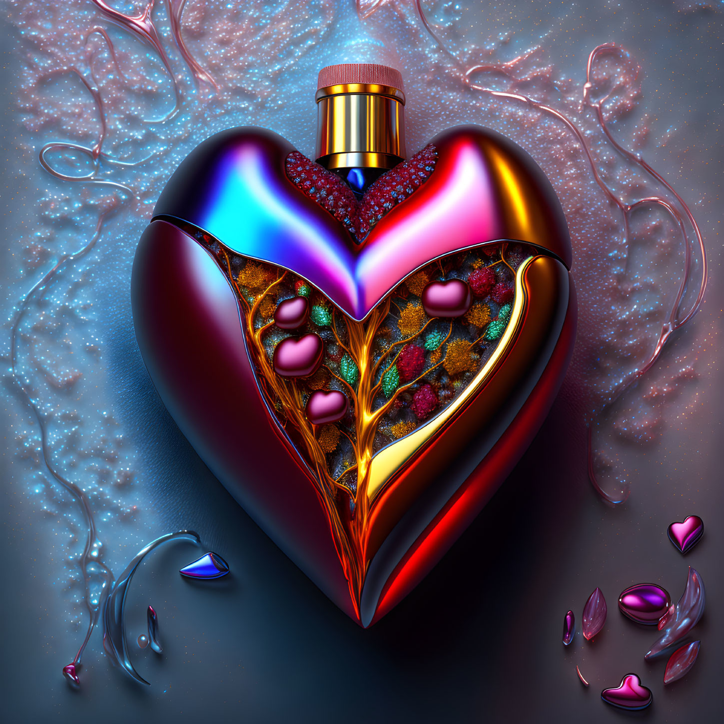 Colorful 3D Heart-Shaped Perfume Bottle with Gemstones and Floral Motifs