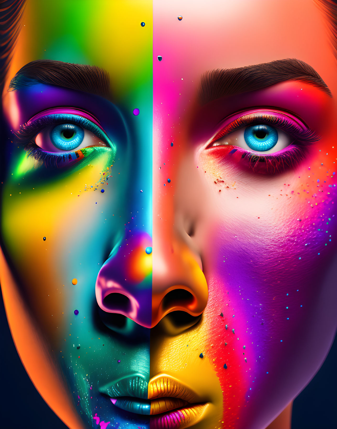 Symmetrical split face digital art with blue and red eyes and colorful patterns