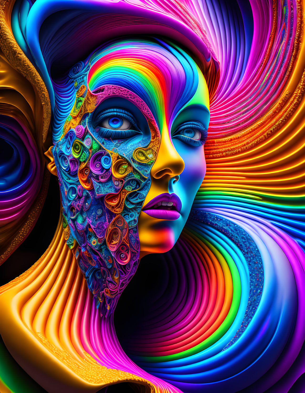 Colorful digital artwork: Woman's face with intricate patterns and swirls