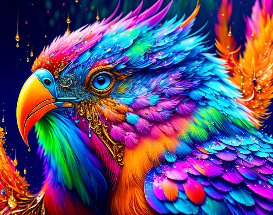 Colorful digital art: Bird with rainbow plumage & golden headpiece