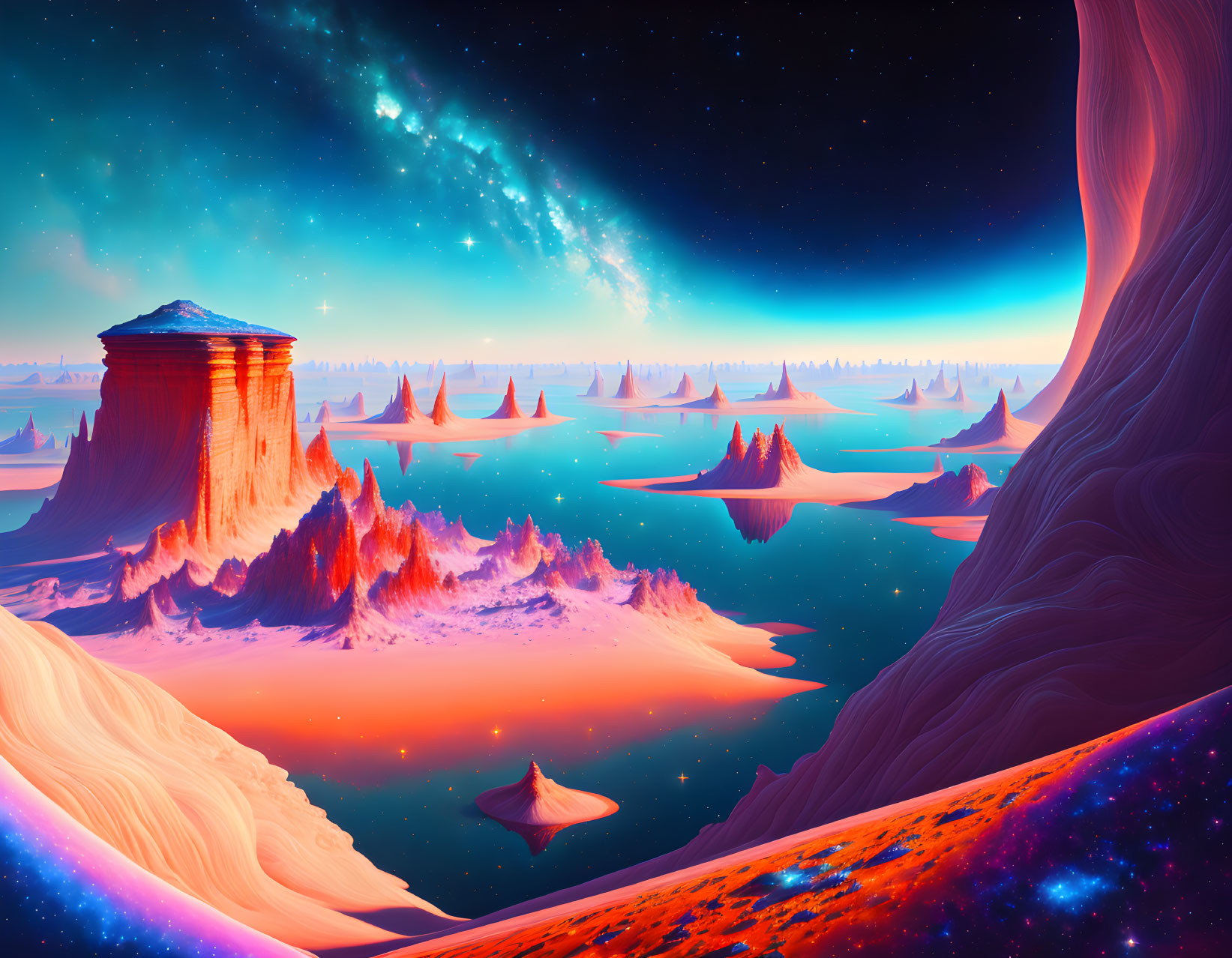 Majestic alien landscape with towering rocks, glowing lake, and captivating nebula