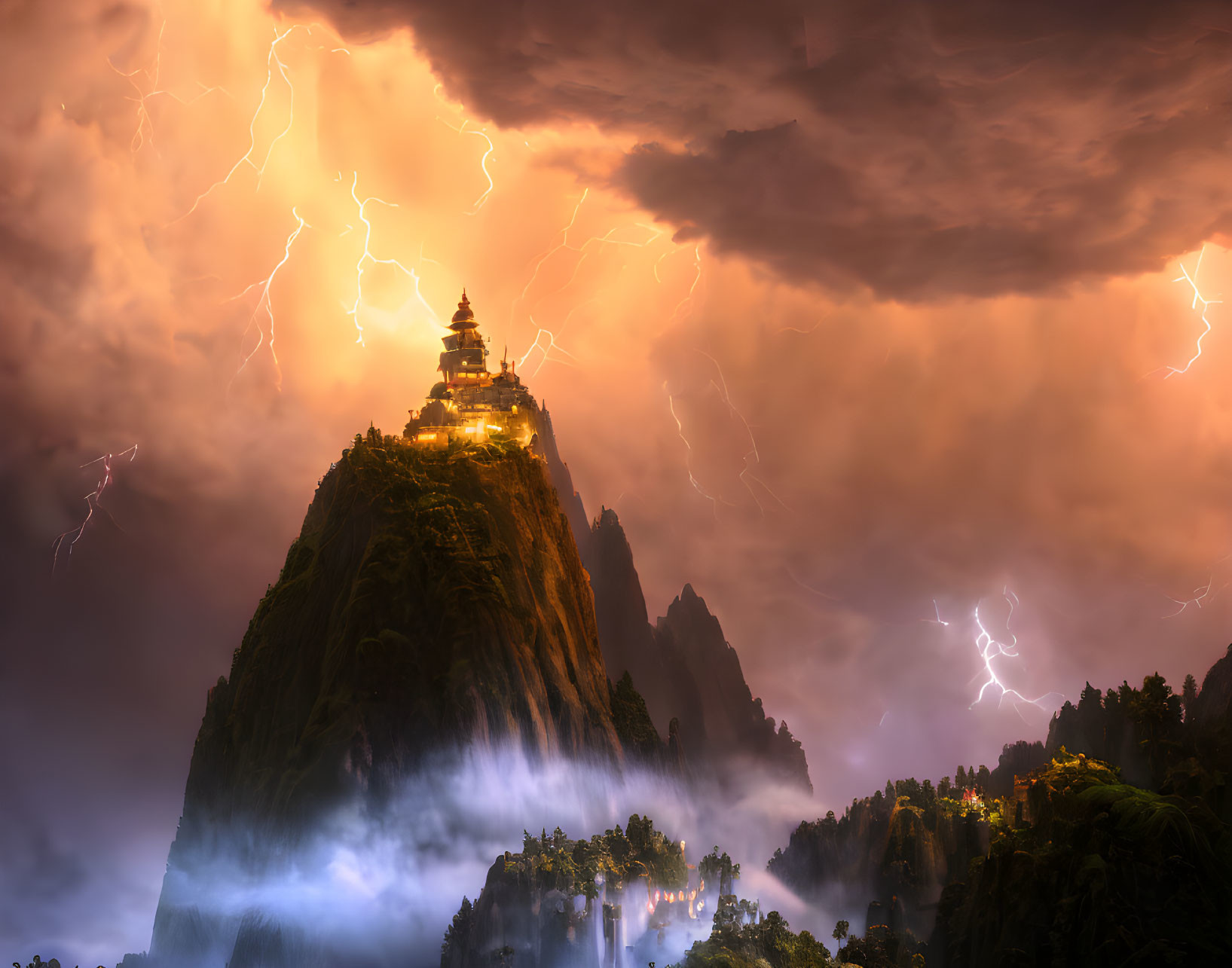 Temple on Steep Mountain in Stormy Sky