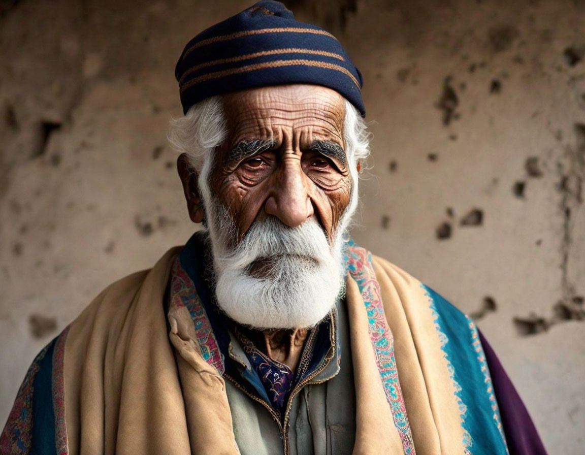 Elderly man with white beard and mustache in striped cap and shawl gazes at camera