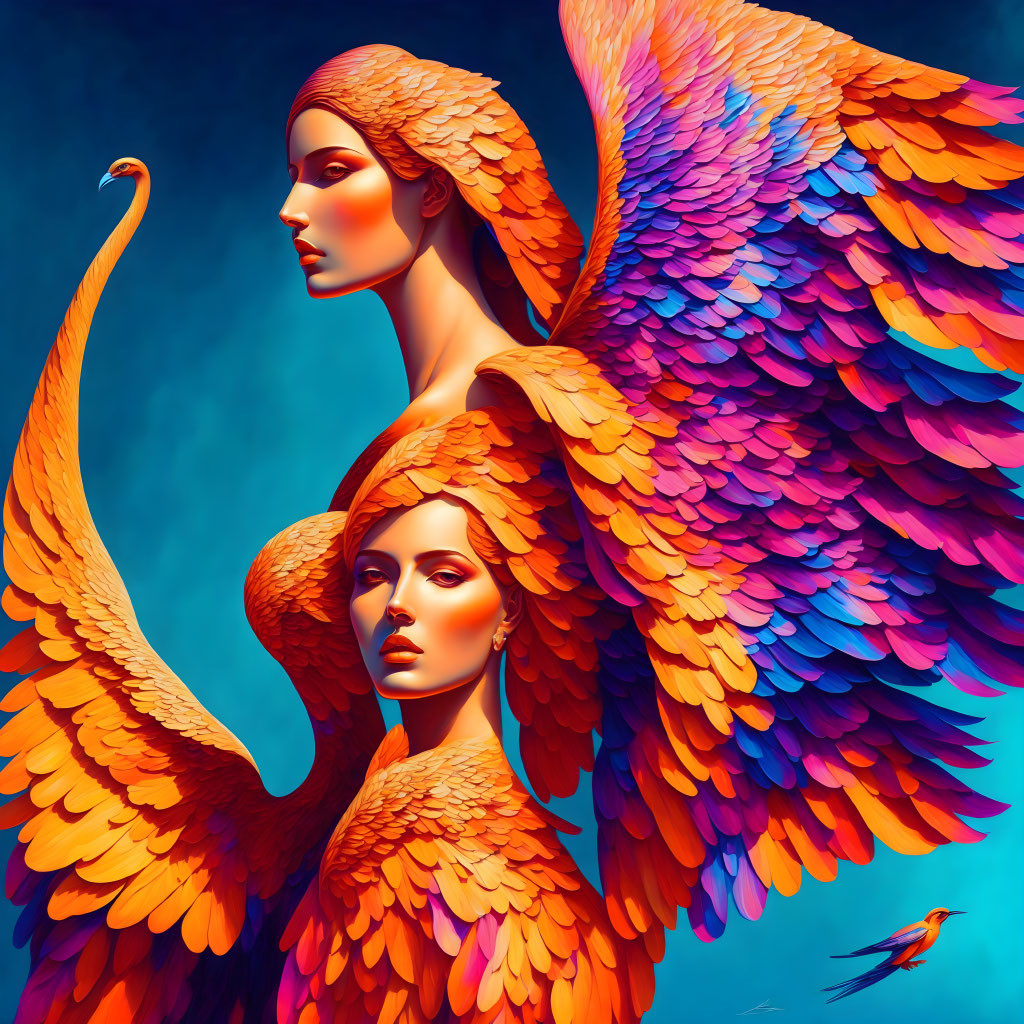 Stylized women with orange wings and bird on blue background