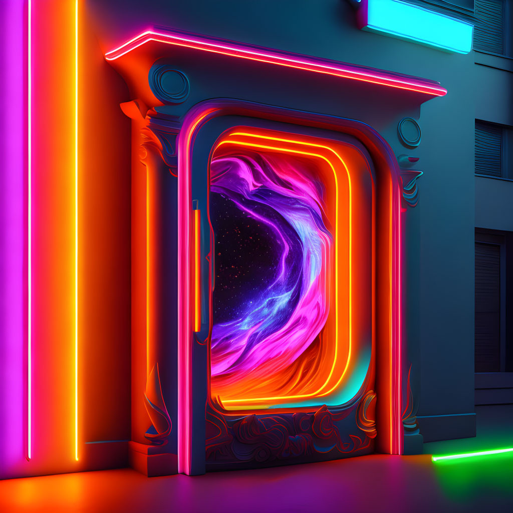 Colorful neon-lit doorframe with cosmic patterns on night background