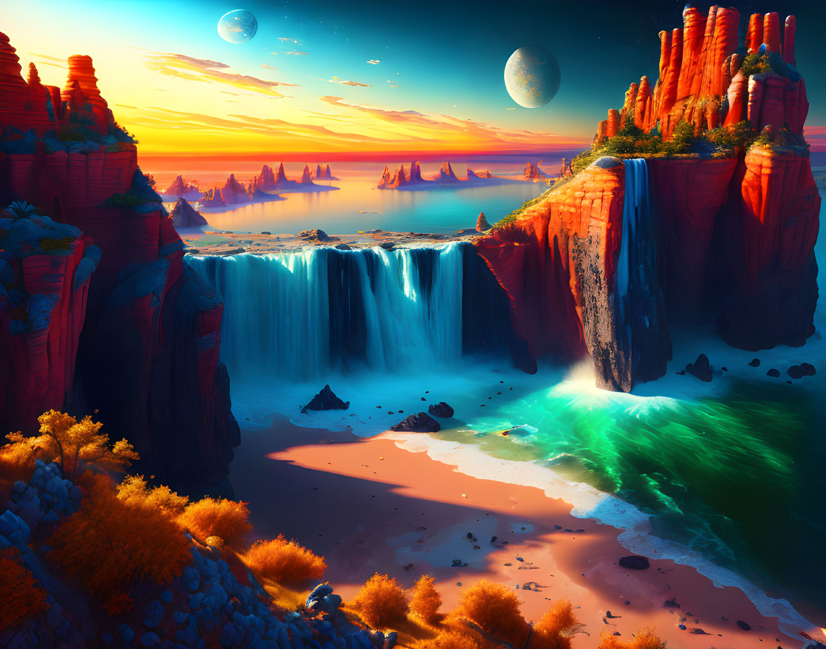 Sci-fi landscape with waterfall, red rocks, and planets at sunset