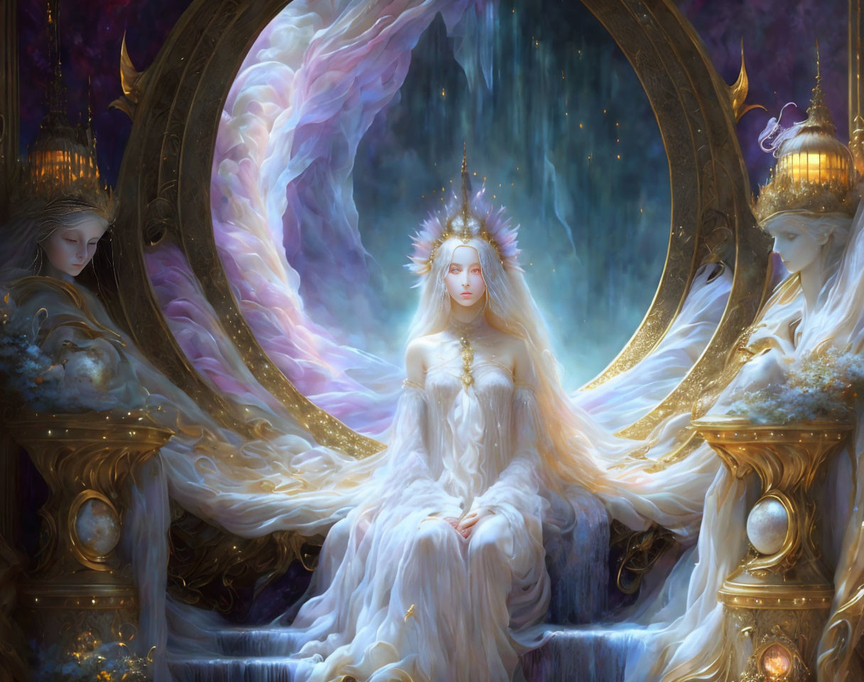 Fantasy queen on throne with ethereal beings in cosmic setting