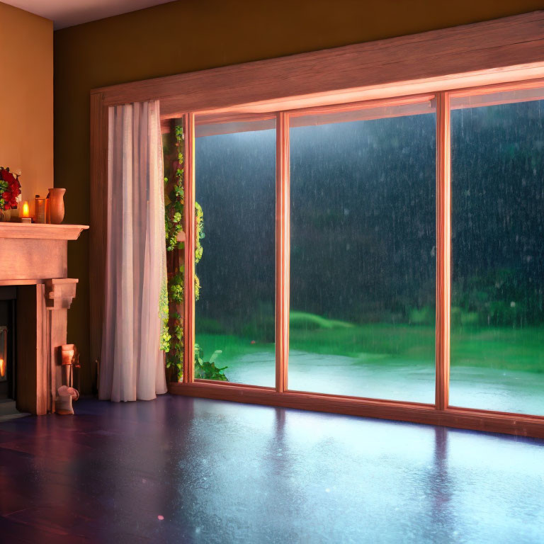 Indoor View: Large Window, Rain Reflection, Fireplace, Warm Lighting