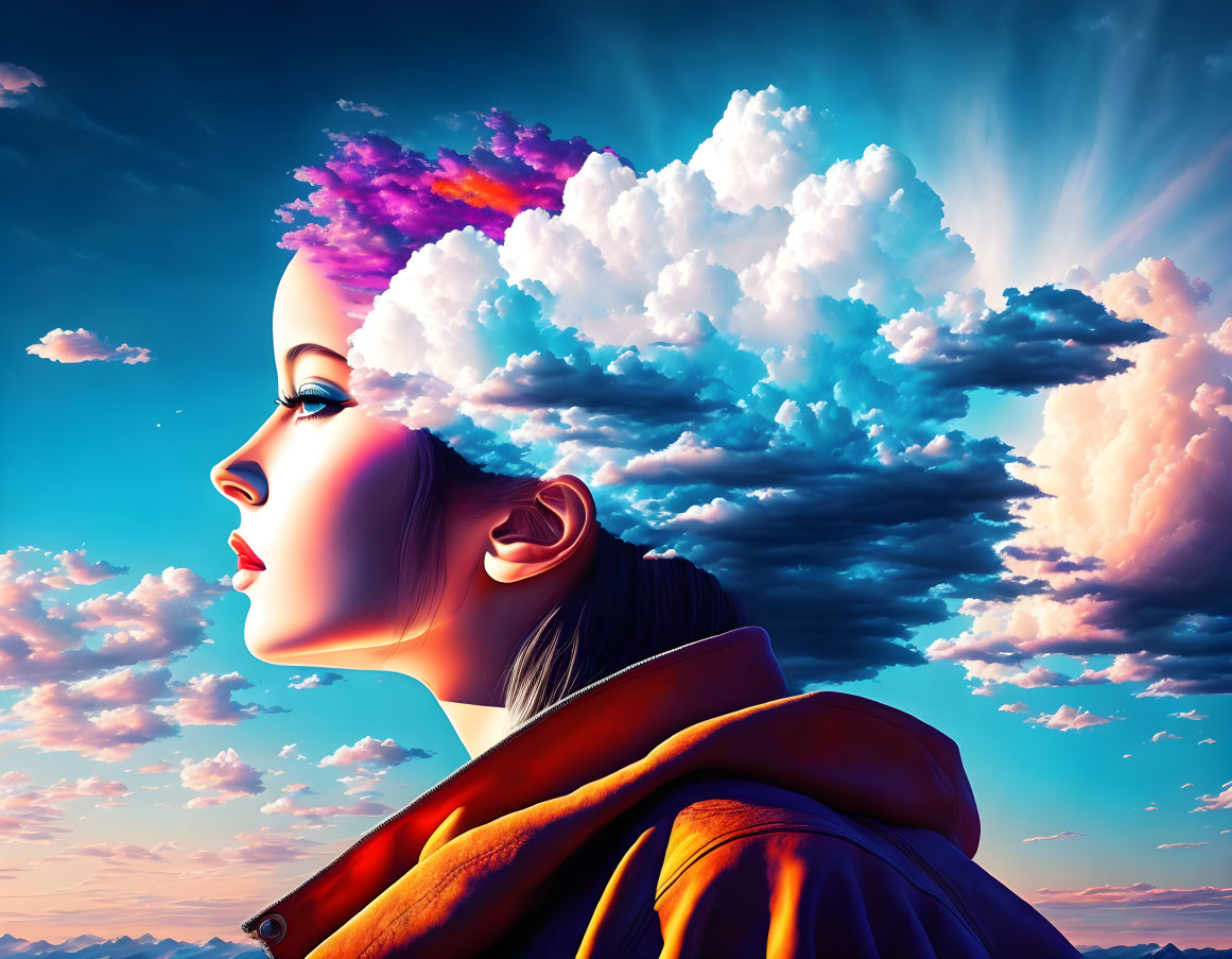 Woman with Vibrant Cloud-Like Hair in Front of Vivid Sky