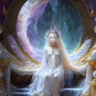 Fantasy queen on throne with ethereal beings in cosmic setting