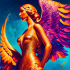 Stylized women with orange wings and bird on blue background