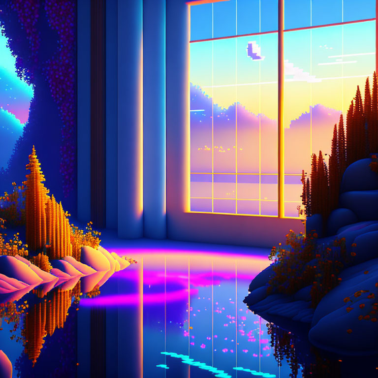 Surreal sunset landscape with neon colors and stylized elements