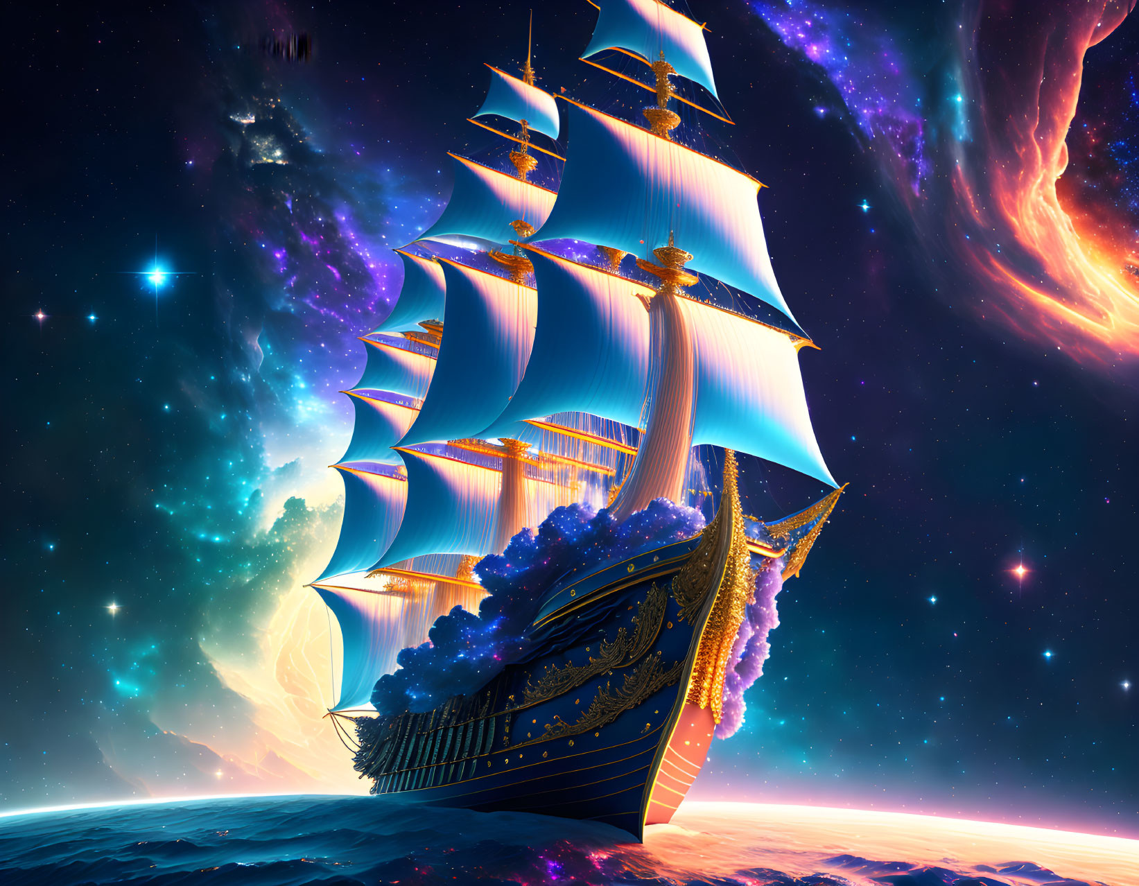 Sailing ship with billowing sails in vibrant cosmic seascape