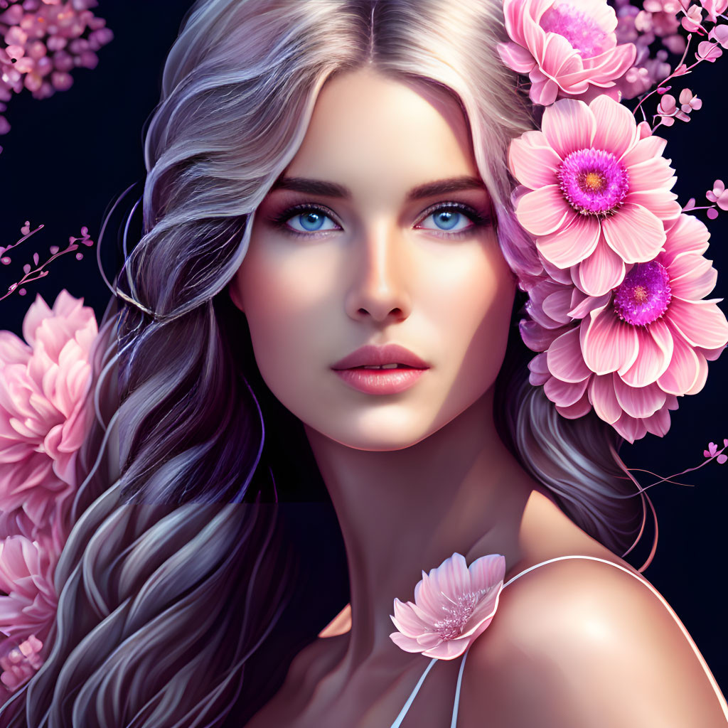 Portrait of woman with silver hair, blue eyes, pink flowers, purple backdrop