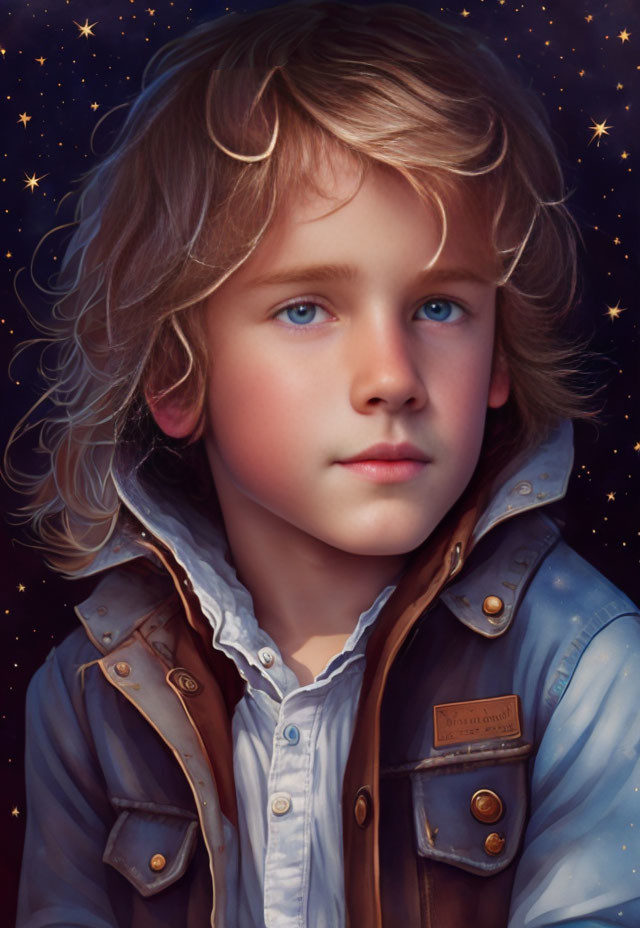 Young boy with blond hair and blue eyes in jacket against starry night backdrop