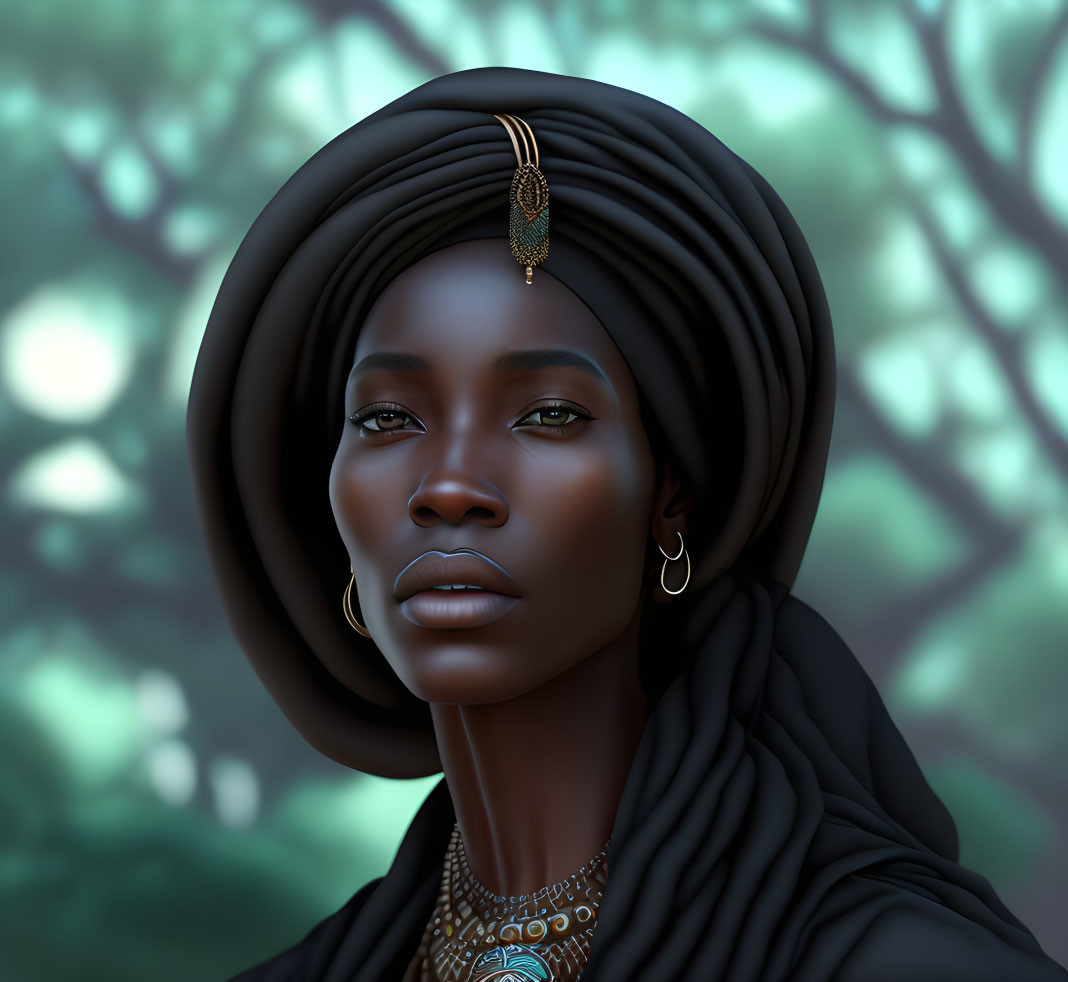 Digital portrait of African woman in headwrap with gold jewelry and serene expression