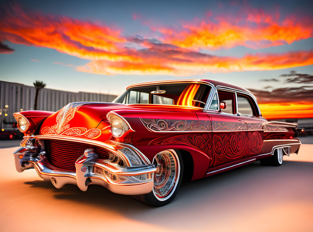 Vintage Red Car with Intricate Designs under Vibrant Sunset Sky