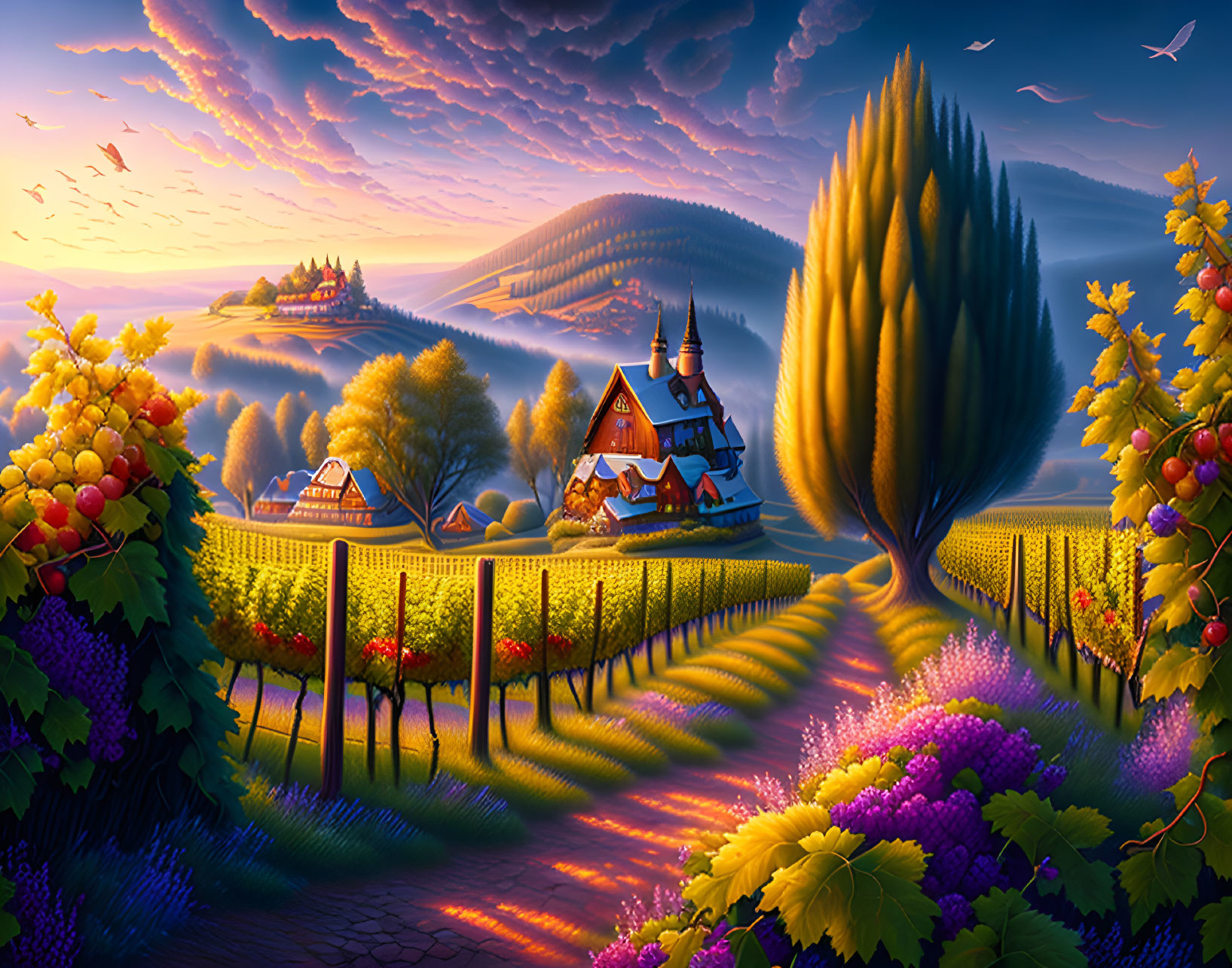 Scenic landscape with vineyards, village, and castle under dramatic sky