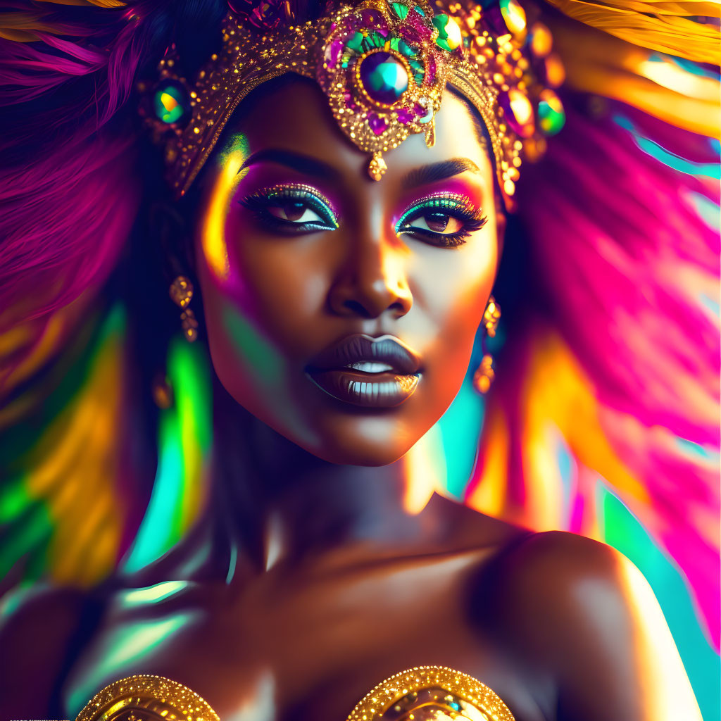 Colorful portrait of a woman with striking makeup and ornate headpiece