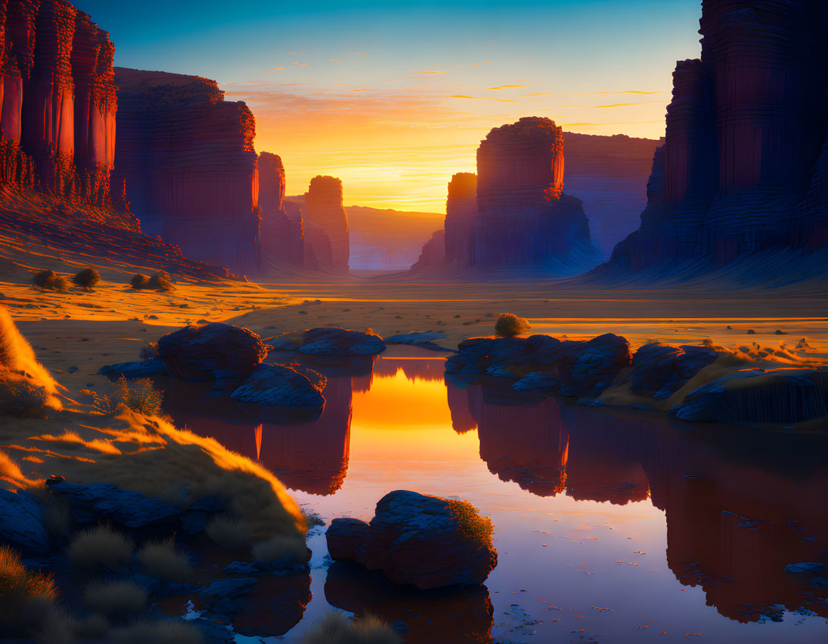 Colorful sunset reflection on water in desert canyon under clear sky