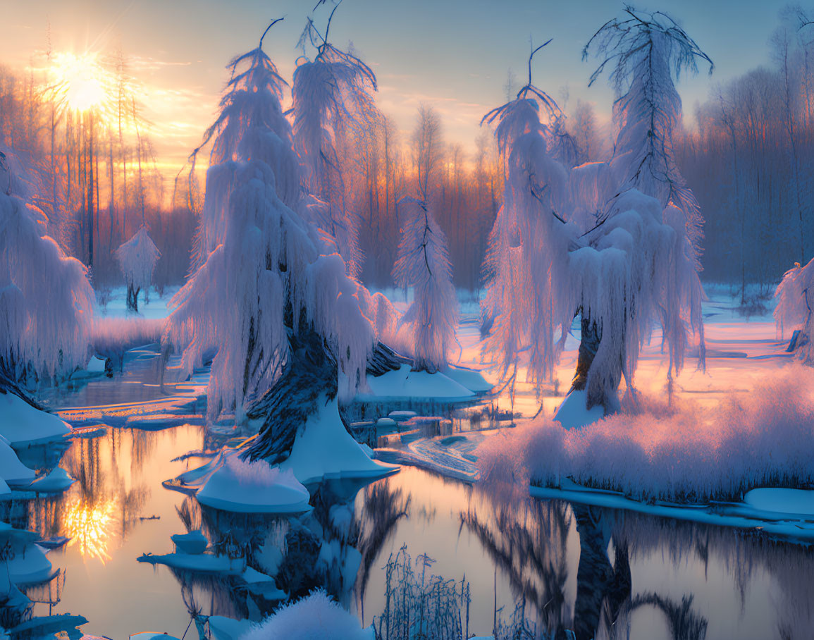 Winter sunset landscape with snow-covered trees and frozen river