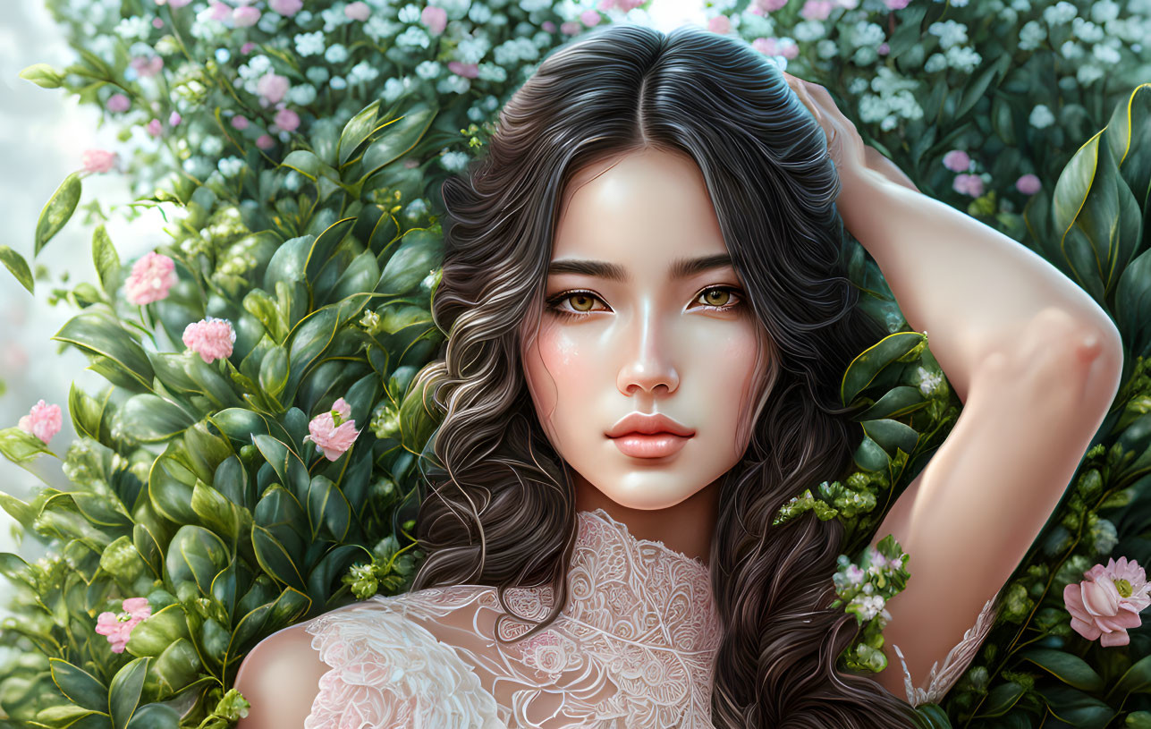 Digital artwork: Young woman with dark wavy hair, clear skin, captivating eyes, surrounded by green