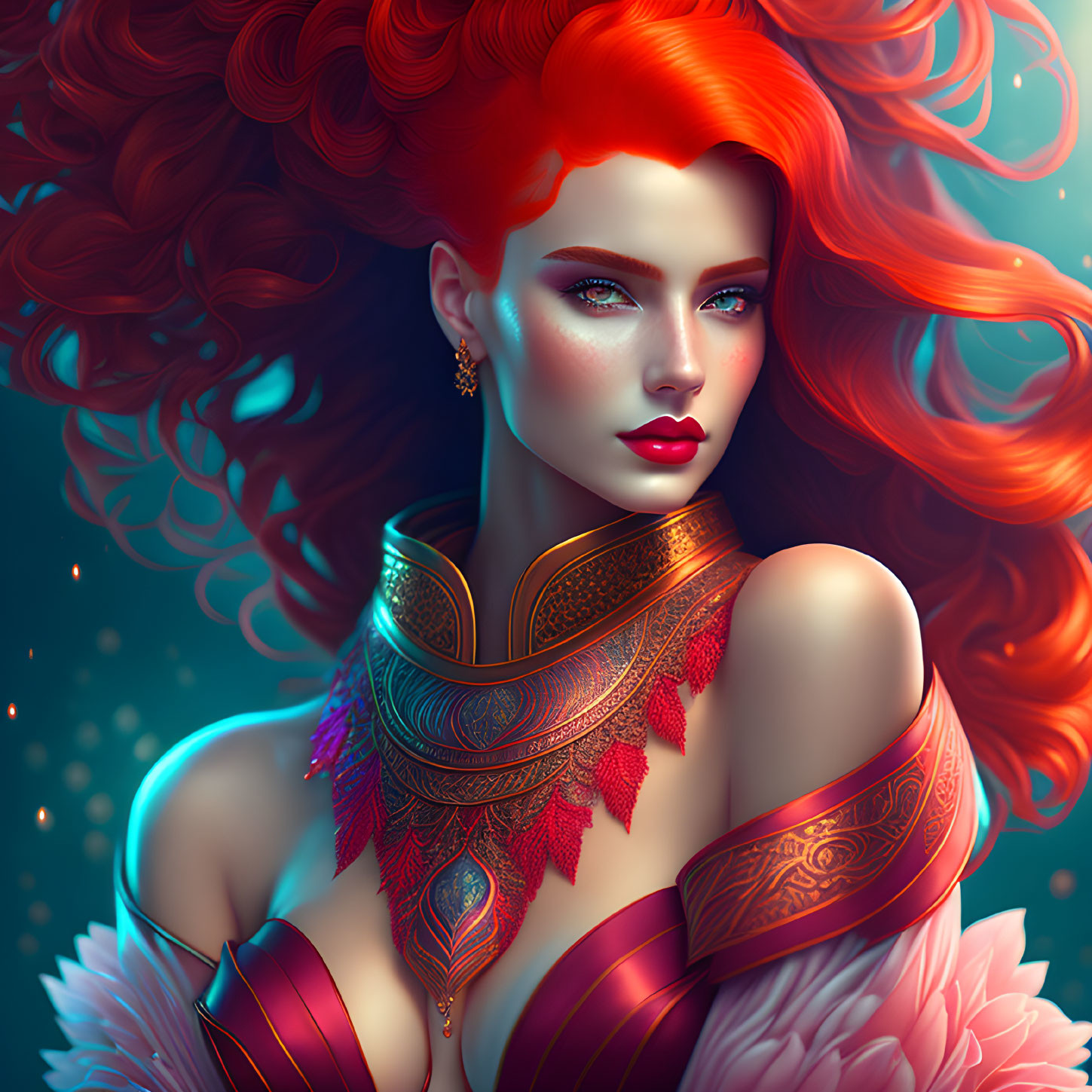 Digital artwork of woman with red hair, blue eyes, golden necklace, red armor, pink feathers