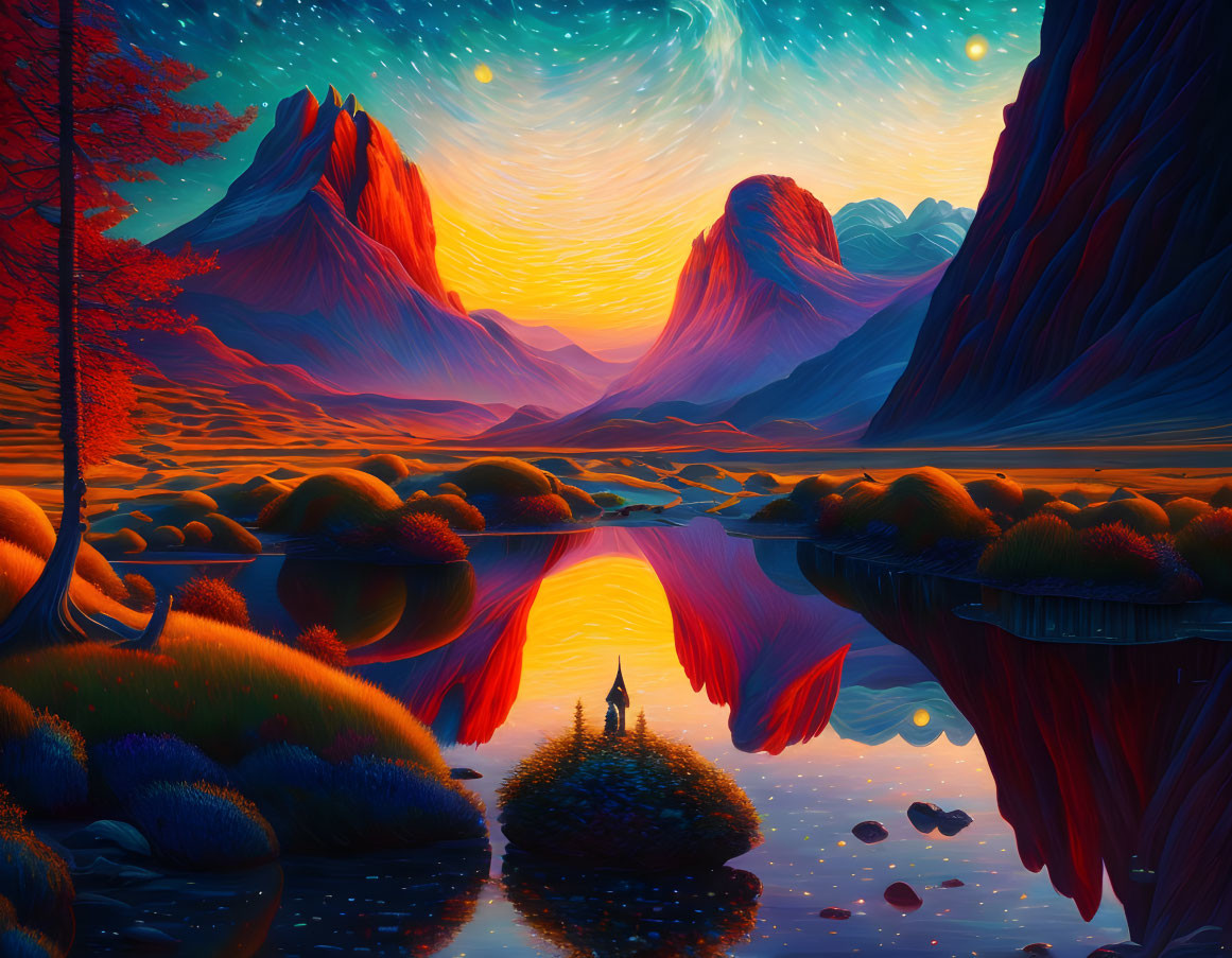 Digital artwork of sunset over lake, mountains, boat & foliage
